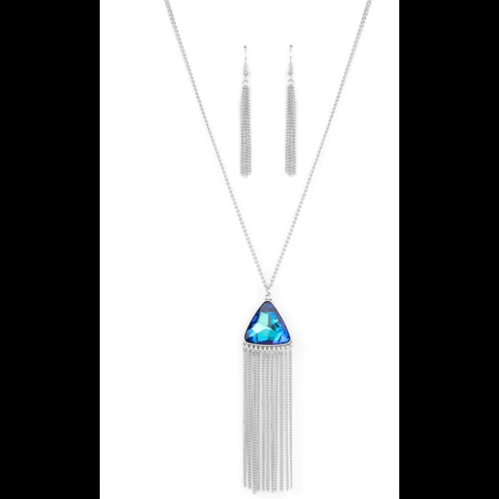 PROUDLY PRISMATIC - BLUE UV SHIMMER TRIANGLE GEM SILVER FRINGE NECKLACE